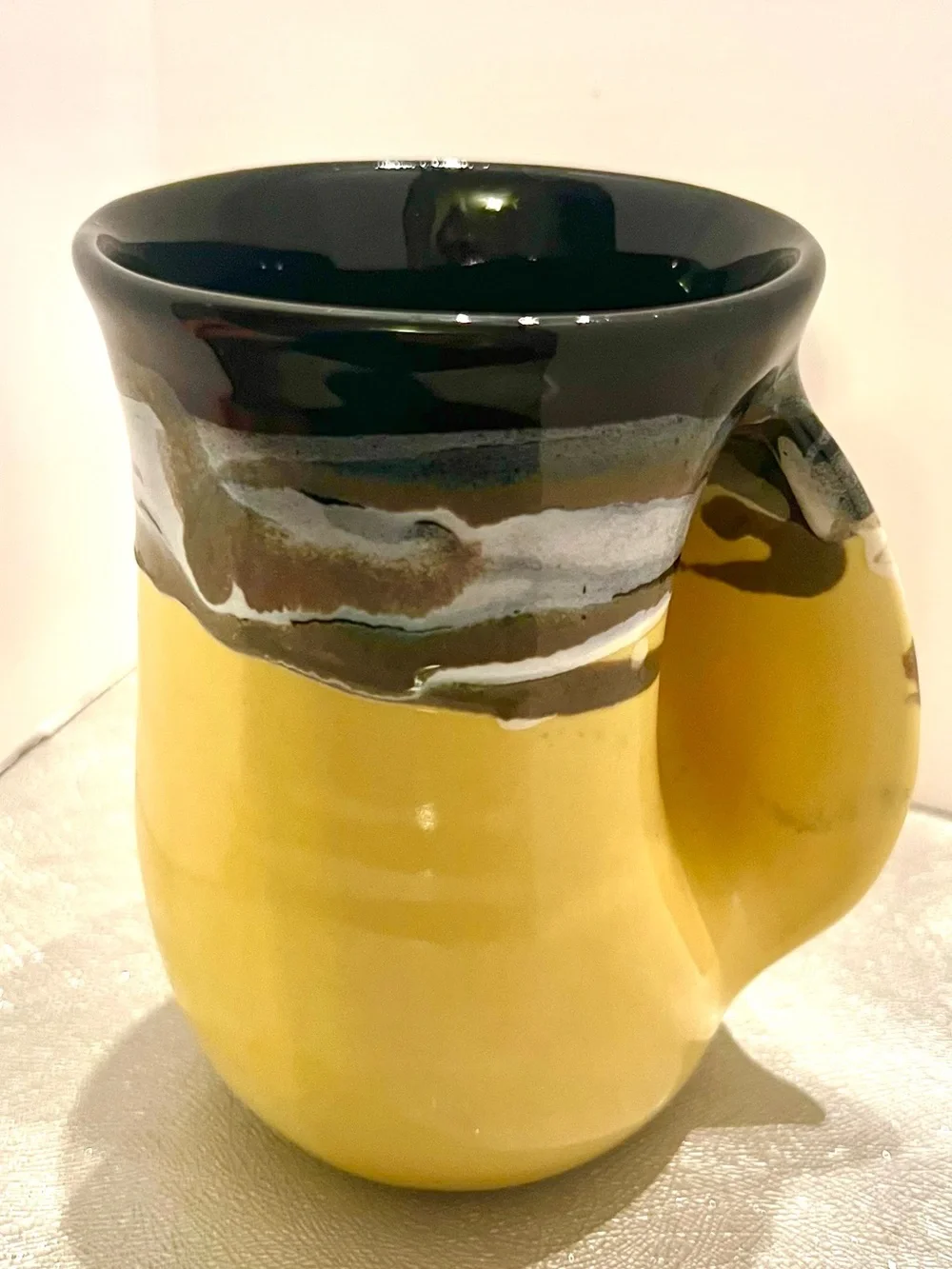 Studio Art Pottery Signed Neber Stoneware Mug Yellow/Black/ Watchman Grip Handle
